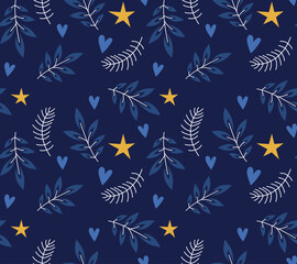 Winter Seamless Vector Floral Pattern with Blue Branches, Leaves and Stars on a dark Blue Background.	