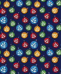 Seamless Christmas Pattern with Colorful Baubles on Dark Blue Background