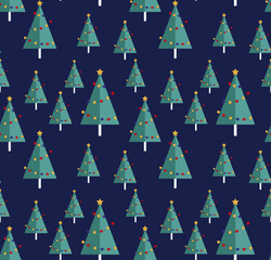 Seamless Christmas Pattern with Green Geometric Trees on Dark Blue Background