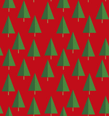 Seamless Christmas Pattern with Green Geometric Trees on Red Background