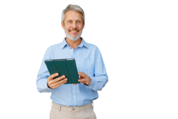 Mature man smiling, using digital tablet, connecting with technology and modern business tools on transparent background
