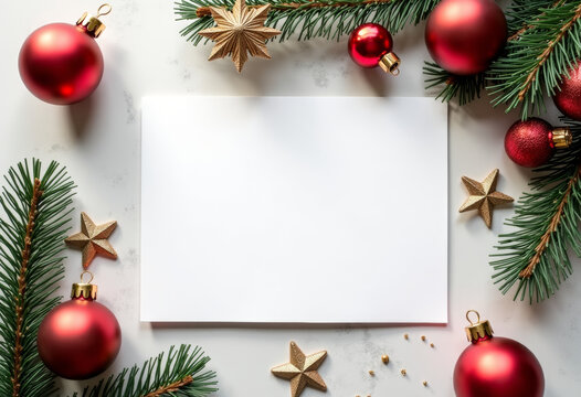 Mockup of a card or tag with Christmas decor around it: balls, stars, tinsel, minimalist style