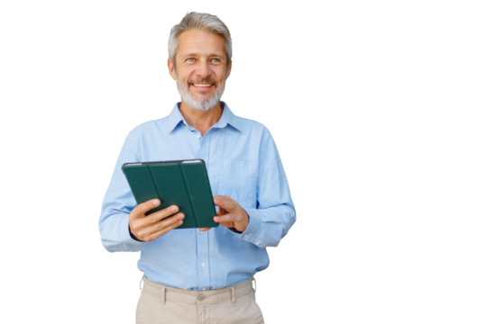 Mature man smiling, using digital tablet, connecting with technology and modern business tools on transparent background
