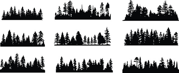 Forest tree line silhouettes, coniferous pine trees, evergreen woodland horizon, natural landscape outline, black silhouette forest, wilderness background, outdoor nature design, vector illustration,