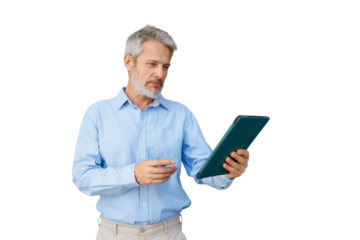 Mature businessman communicating using digital tablet, staying connected and managing business, transparent background