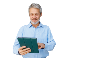 Mature man holding tablet, touching screen, smiling, using digital technology for business or online communication