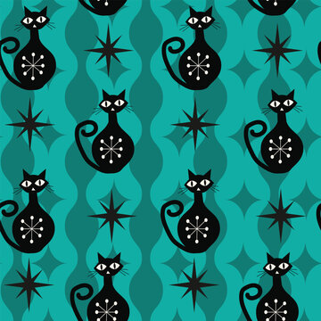 Mid century modern black atomic cats on vintage teal ogee seamless pattern. For fabric, home d&eacute;cor and wallpaper.