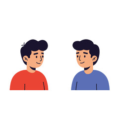 Two stylized, cartoonish male figures facing each other against a white background; one red-shirted, one blue