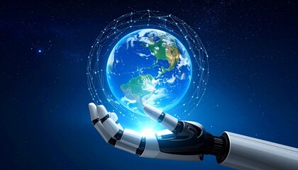 Fototapeta premium AI robot's hand holding Earth with glowing network