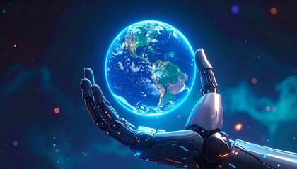Naklejka premium Robotic Hand Holding Earth with Neon Glow in a Futuristic Scene