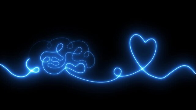 Glowing neon Brain with heart inside. One line drawing. symbolizing balance of mind and feelings, psychology, emotional intelligence, love, mental health,  connection of logic and emotion.