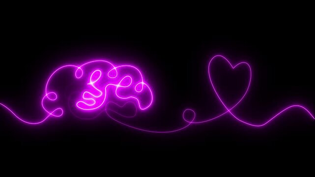 Glowing pink neon Brain with heart inside. One line drawing. symbolizing balance of mind and feelings, psychology, emotional intelligence, love, mental health,  connection of logic and emotion.