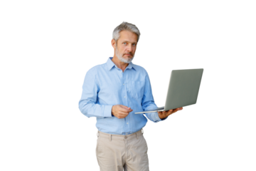 Mature man presenting and pointing with a laptop, showing business data or technology information on transparent background