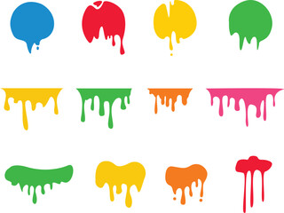Set of colorful paint and blood drip splash elements for creative liquid vector design.