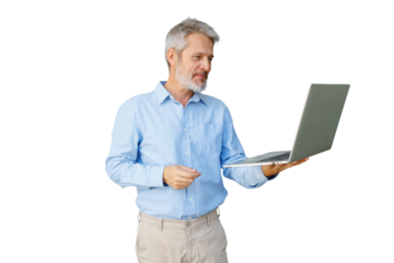 Mature businessman presenting with laptop, explaining while using technology for a business meeting, transparent background