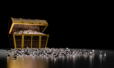 Many diamonds in  golden vintage treasure chest  and falling down to the ground use for Gem storage box concept. Treasure on black background and reflection on floor. 3D Render.