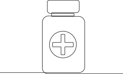 One line art of medical pill bottle with cross symbol and minimalist healthcare design vector.