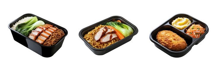 Delicious takeaway meals featuring roasted pork noodles char siu noodles and crispy chicken with sides isolated on png transparent background