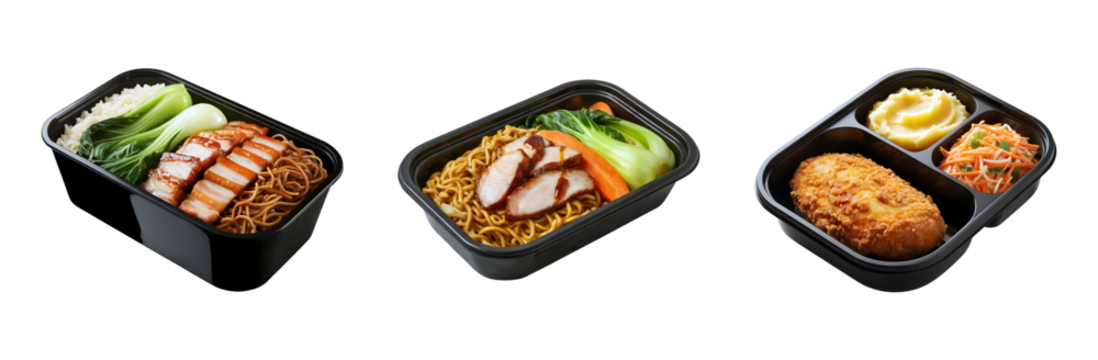 Delicious takeaway meals featuring roasted pork noodles char siu noodles and crispy chicken with sides isolated on png transparent background