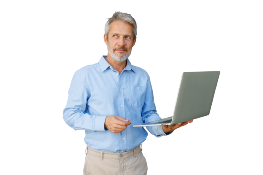 Senior professional man presenting ideas with a laptop and hand gesture, offering expertise and guidance