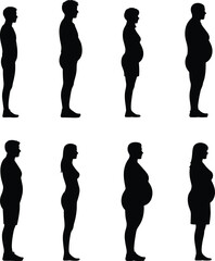 Silhouette human body shapes, male female profiles, side view figures, body mass index variation, pregnancy outline, health anatomy design, medical educational illustration set
