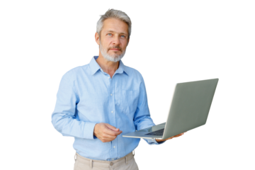 Mature man worker holding laptop offering solution, integrating technology into business, transparent background