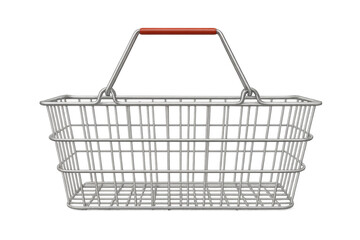 Empty wire metal shopping basket with red handle, retail commerce and consumerism concept with transparent background