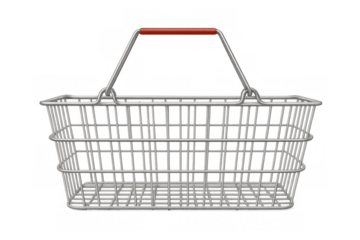 Empty wire metal shopping basket with red handle, retail commerce and consumerism concept with transparent background