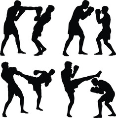Silhouette martial arts fighters, kickboxing training poses, combat sports action, sparring techniques, self defense practice, fitness workout, striking moves, karate kick