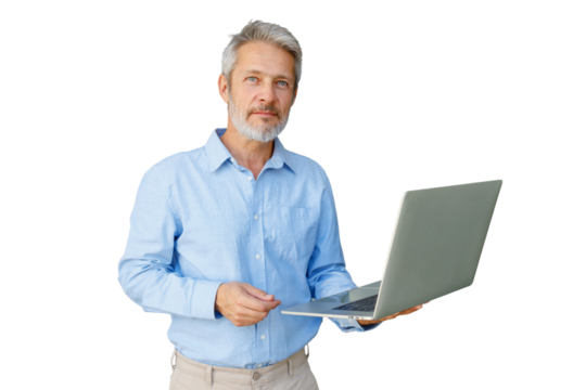 Mature man worker holding laptop offering solution, integrating technology into business, transparent background