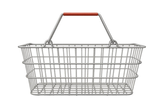 Empty wire metal shopping basket with red handle, retail commerce and consumerism concept with transparent background