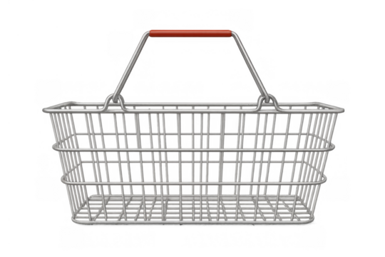 Empty wire metal shopping basket with red handle, retail commerce and consumerism concept with transparent background - Powered by Adobe