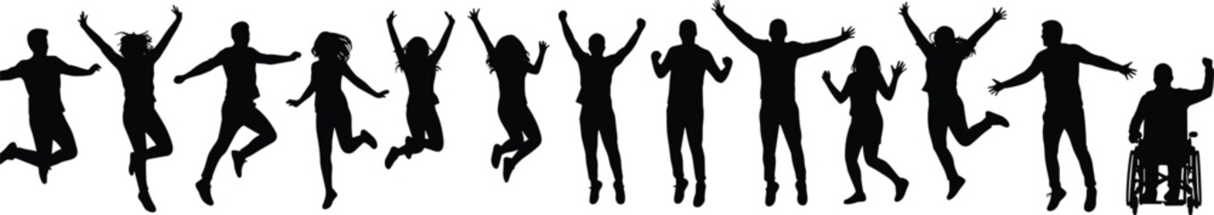 Silhouette people jumping celebrating diversity inclusion unity, group happiness teamwork success concept, wheelchair accessibility equality freedom, joyful crowd raising arms