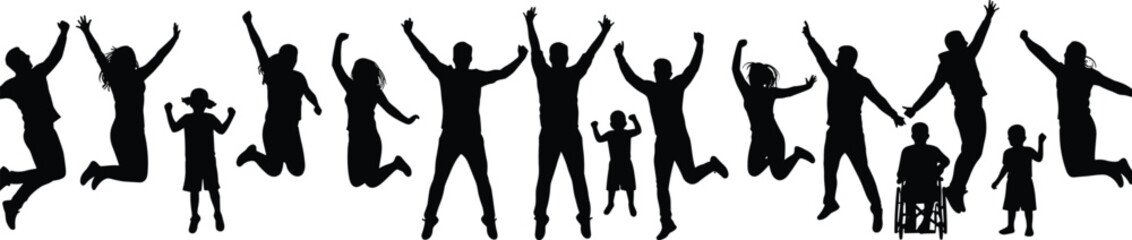 Silhouette people jumping celebrating diversity, inclusive community group, children adults wheelchair unity, happy freedom lifestyle, family support togetherness, energetic motion teamwork 