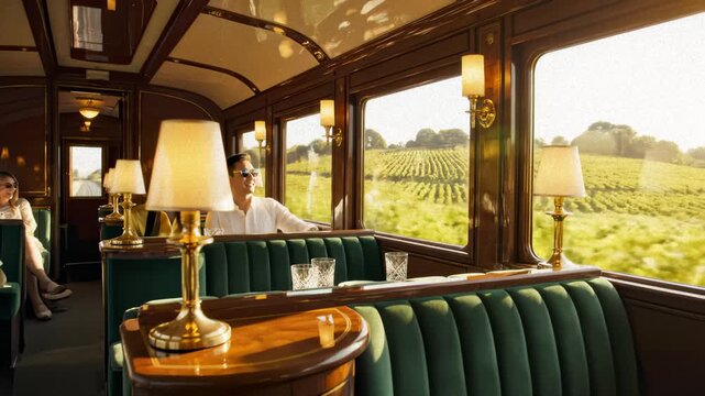 Passengers Enjoying Vineyard View While Riding a Luxury Train