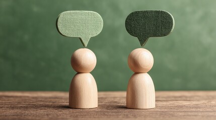 Two wooden figures stand on a wooden surface, each topped with a unique speech bubble. Against a green backdrop, they symbolize communication and the exchange of ideas and thoughts.