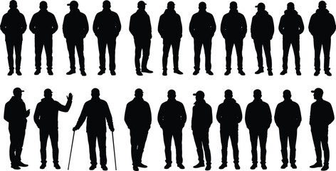 Silhouette people standing poses, casual clothing figures, men women hats caps, group crowd illustration, vector black outline, posture study, fashion reference, stock design