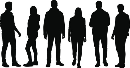 Silhouette people standing row, diverse human figures, anonymous crowd illustration, business team outline, fashion model pose, group identity concept, black shadow characters, isolated background