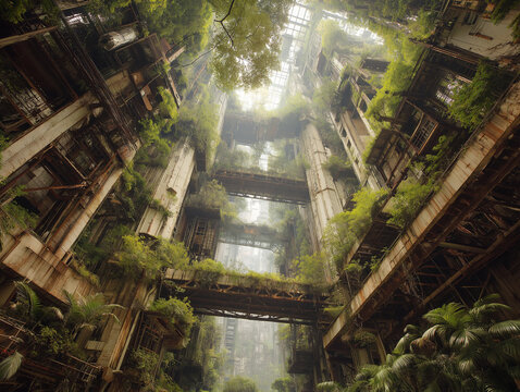 Post-human ruins overtaken by nature, trees sprouting through steel skyscrapers.
