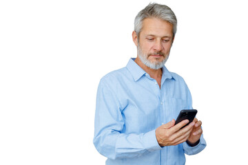 Mature man messaging or browsing on a smartphone, connecting to digital world, transparent background