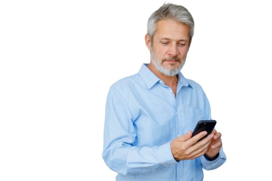 Mature man messaging or browsing on a smartphone, connecting to digital world, transparent background