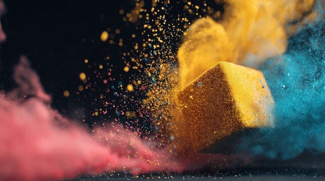 A vibrant cloud of colored powders bursts from a golden cube in a dynamic scene. The bright yellow, pink, and blue powders create an engaging visual effect, showcasing motion and creativity.