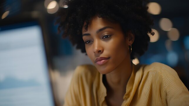 Professional analyzing financial websites with AR overlays, facial expression of concentration and satisfaction, symbolizing smart browsing, real-time data visualization, and advanced augmented