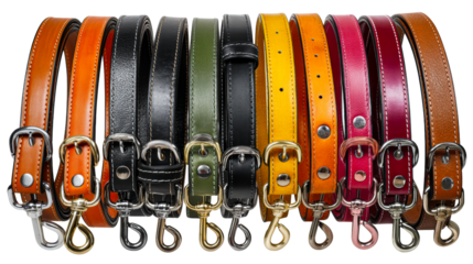 Assortment of colorful leather dog leashes with metal clasps