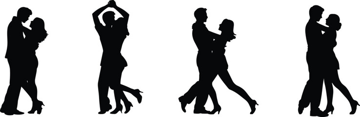 Silhouette, dancing couple, ballroom dance, Latin dance, romantic partners, elegant movement, performance art, competition, tango, salsa, waltz, choreography, passion, graceful,