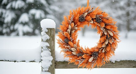 Decorative orange wreath with pine cones hanging on snowy fence during winter