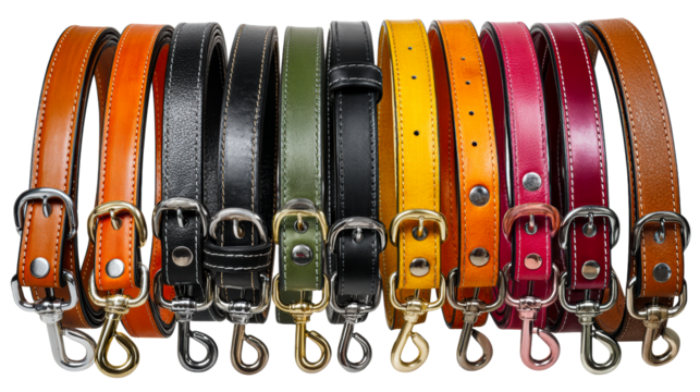 Assortment of colorful leather dog leashes with metal clasps