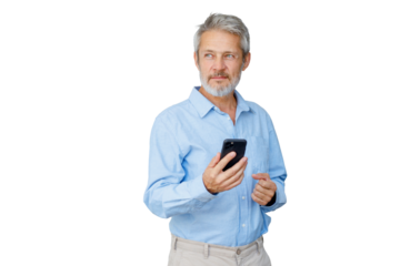 Senior man holding smartphone, thinking, developing ideas, looking away, planning, transparent background