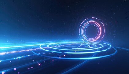 Dark blue space background shows tiny stars, bright glowing neon ring vortex. Vivid blue, pink light trails extend across dark ground. Abstract futuristic energy lines symbolize innovation, digital
