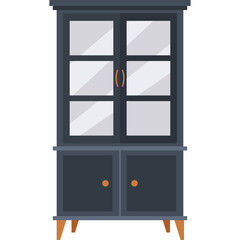 Minimalist Dark Blue Cabinet with Glass Doors and Wooden Legs on Transparent Background